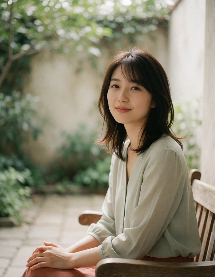 Japanese woman in a soft sage blouse seated on a wooden bench in a quiet garden courtyard.