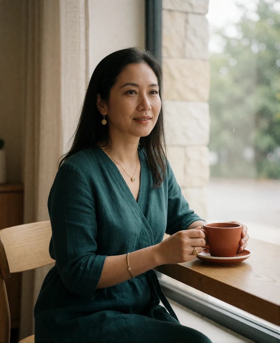 Malaysian woman in a terracotta dress smiling gently beside a bright café window.