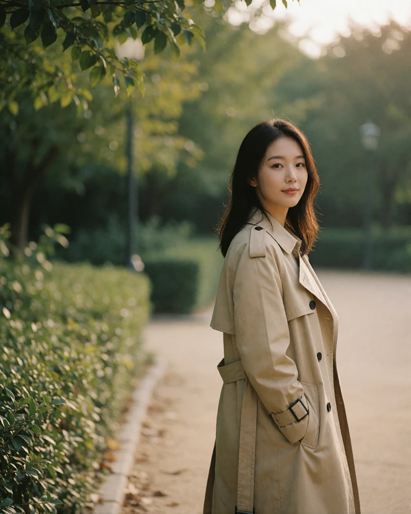 Korean woman in a beige trench coat on a quiet park path with soft greenery.