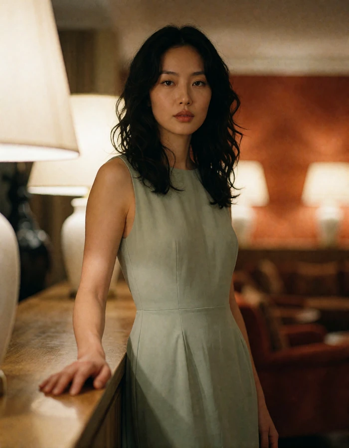 Mongolian woman in a sage evening dress standing in an elegant hotel lounge with warm lighting.