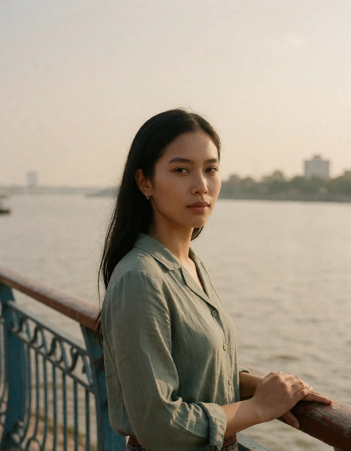 Cambodian woman standing at a riverfront promenade railing in Phnom Penh at golden hour.