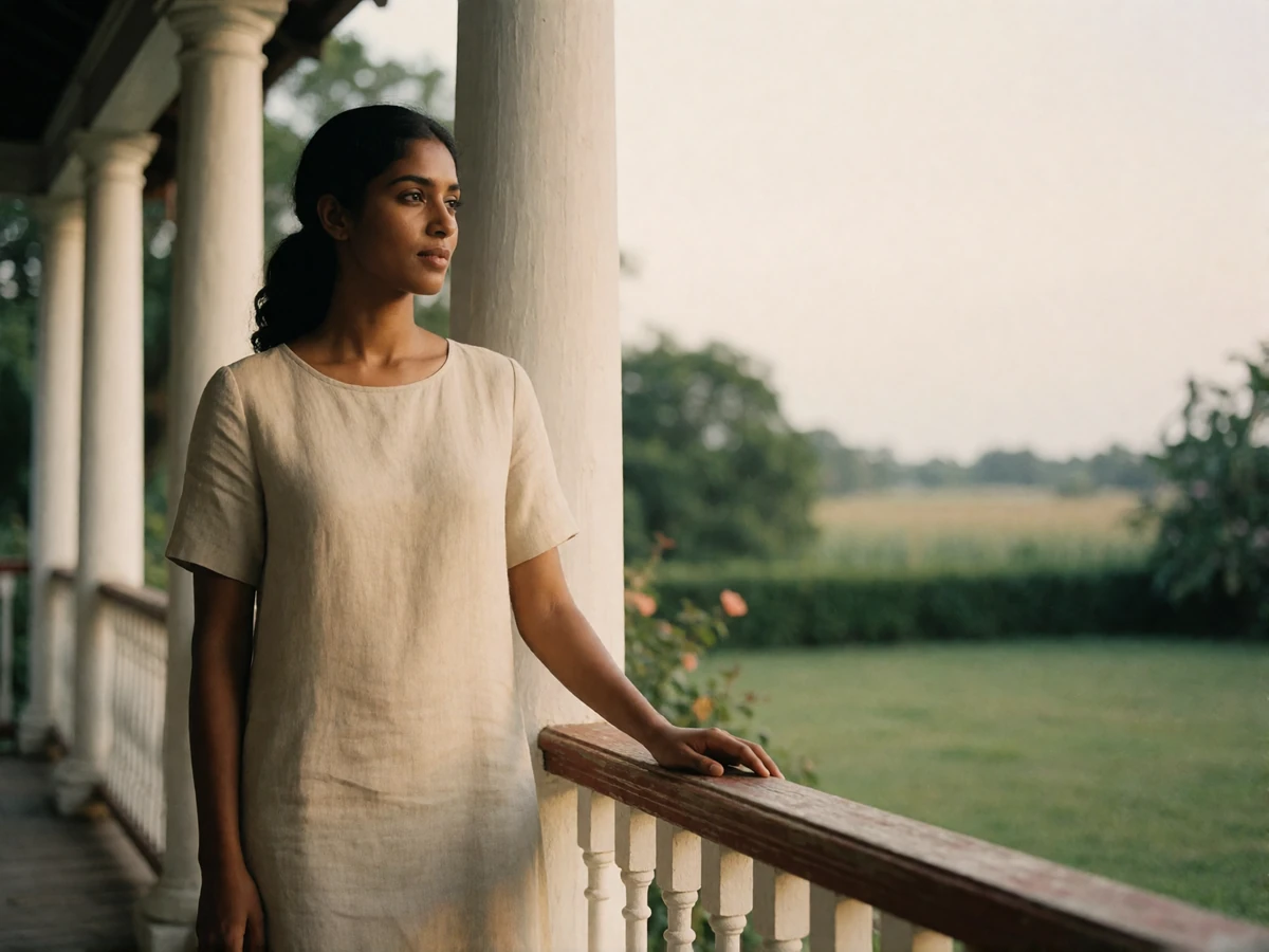 Sri Lankan woman in a sand-tone linen dress resting a hand on a verandah rail overlooking a garden.