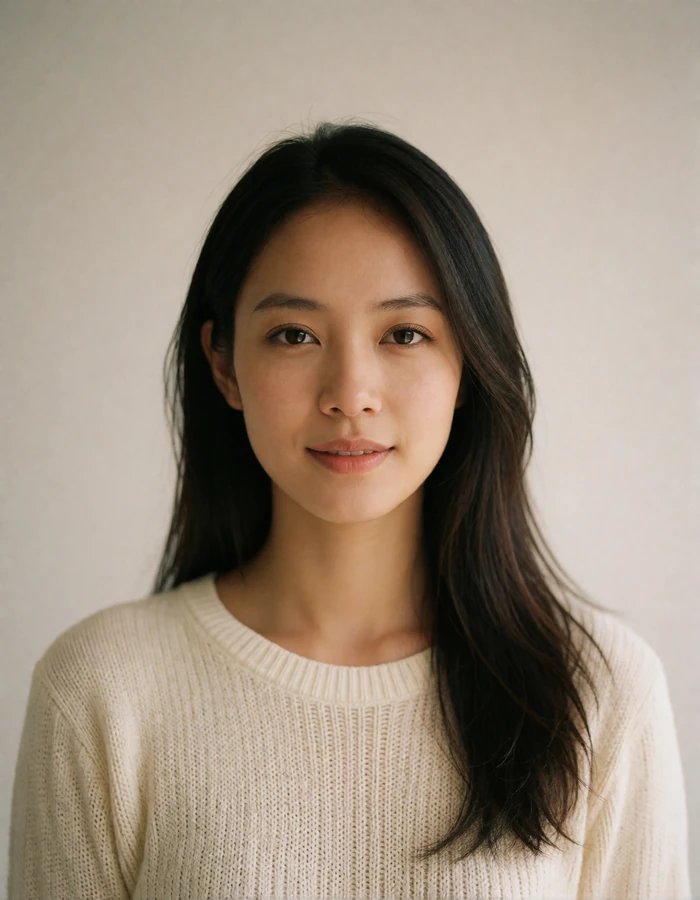 Thai woman with long dark hair in a cream knit top against a plain warm off-white studio wall.