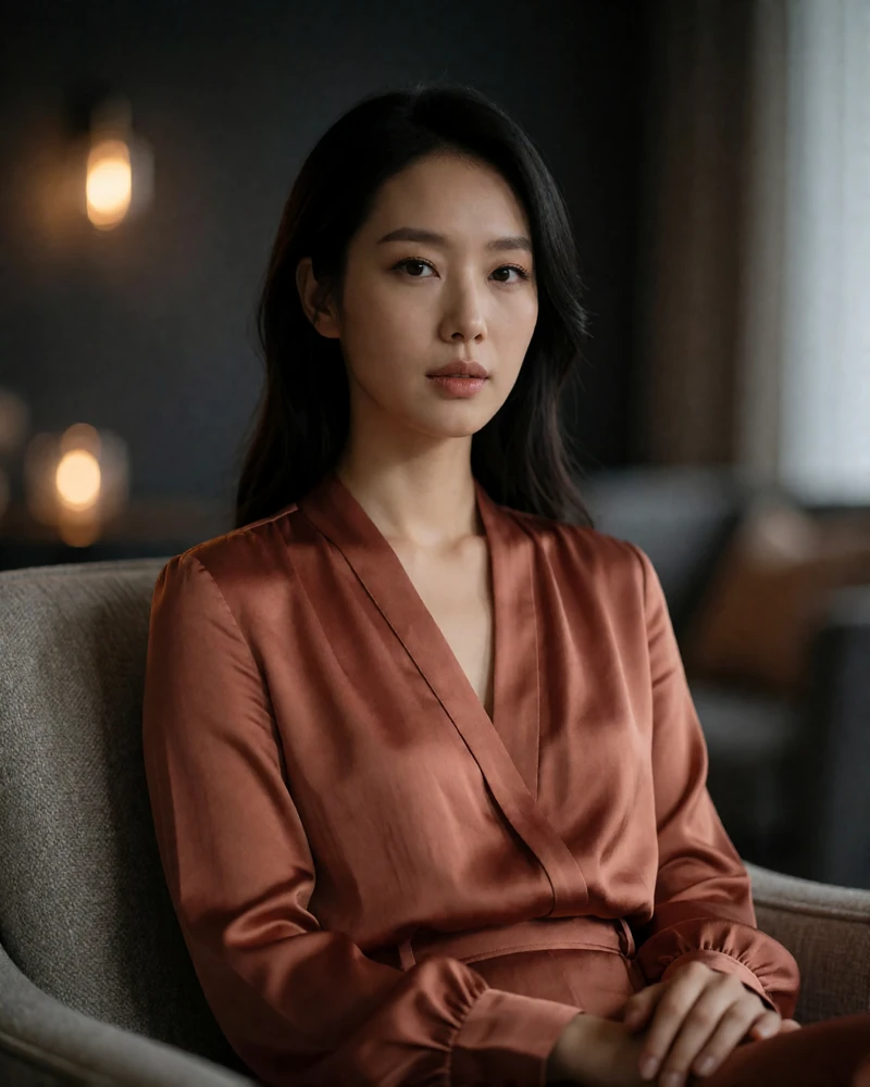 Korean woman in a terracotta silk blouse seated composed in a refined evening lounge.