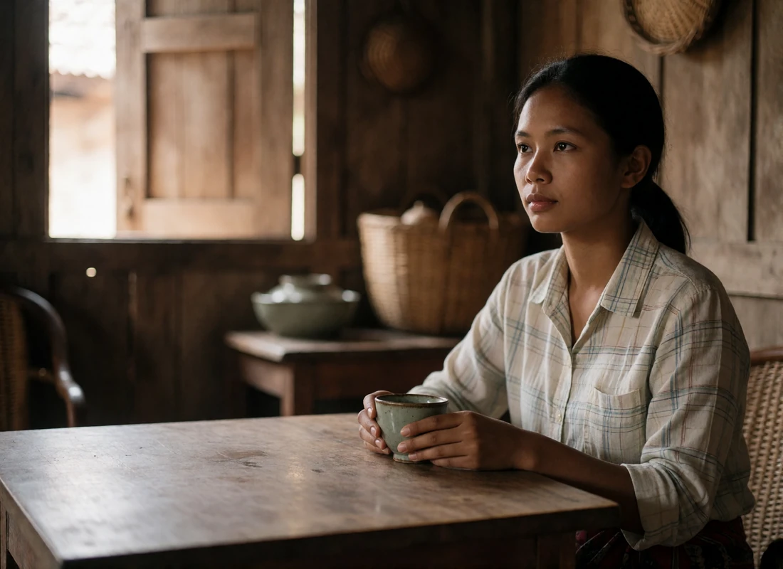 Burmese woman holding a ceramic teacup in a quiet traditional tea house with warm afternoon light.