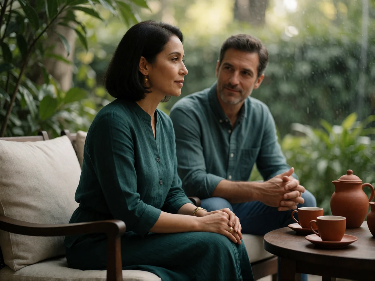 A Bruneian woman and a foreign man share tea and conversation in an elegant garden lounge.