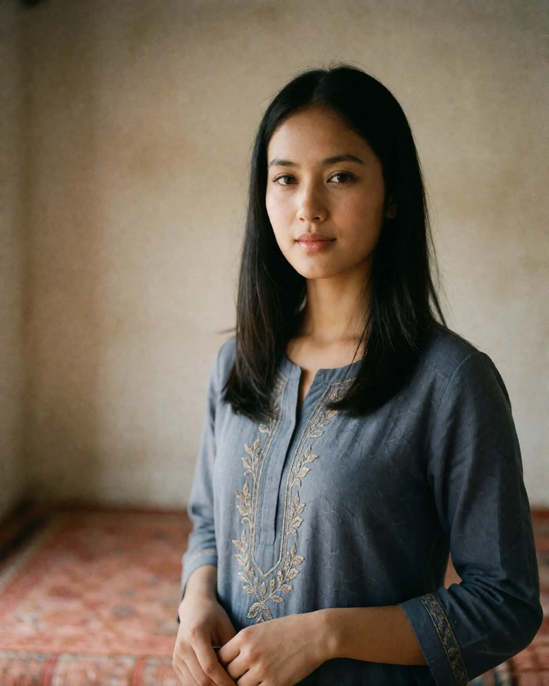 Nepali woman in a slate blue kurta with subtle embroidery standing against a neutral wall.