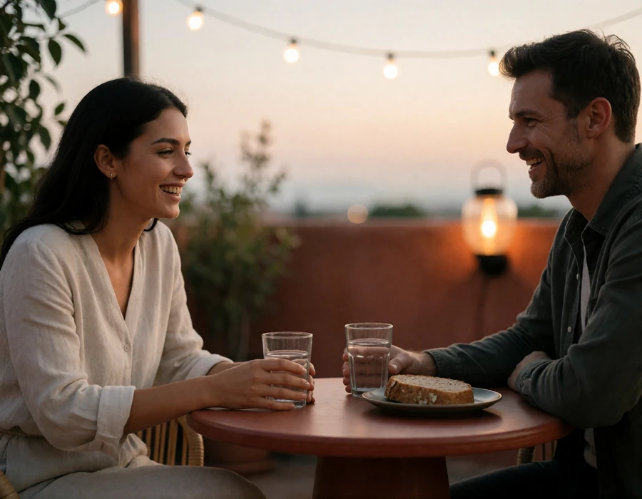 Couple laughing together over a simple dinner on an evening rooftop terrace.