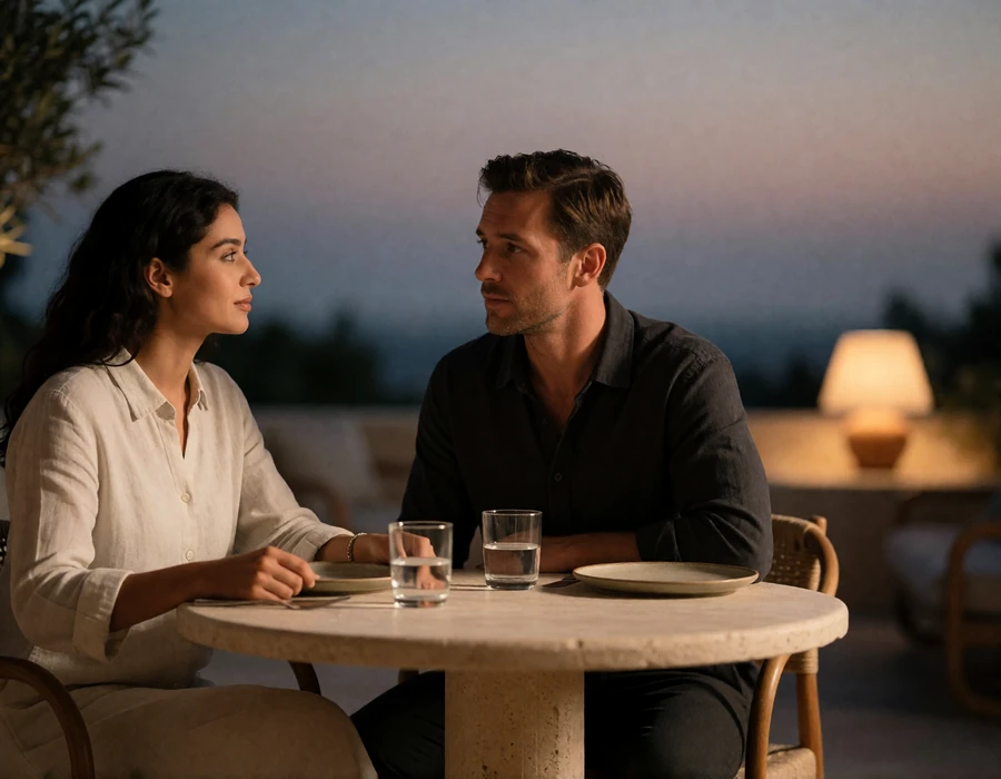 Jordanian woman and Western man sharing a quiet dinner at a stone table on a dusk terrace.
