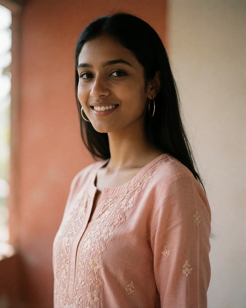 Bangladeshi woman in a blush pink kurta with light embroidery, smiling naturally.