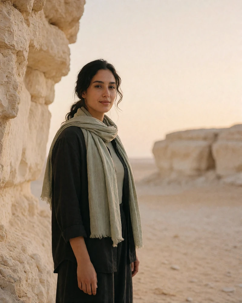Jordanian woman with a sage scarf standing in soft desert light near sandstone.