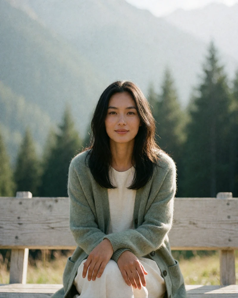 Kyrgyz woman in a sage wool cardigan seated on a wooden bench near Karakol.