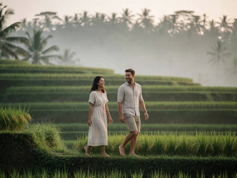 Couple walking together along a narrow path between green rice terraces in soft morning light.