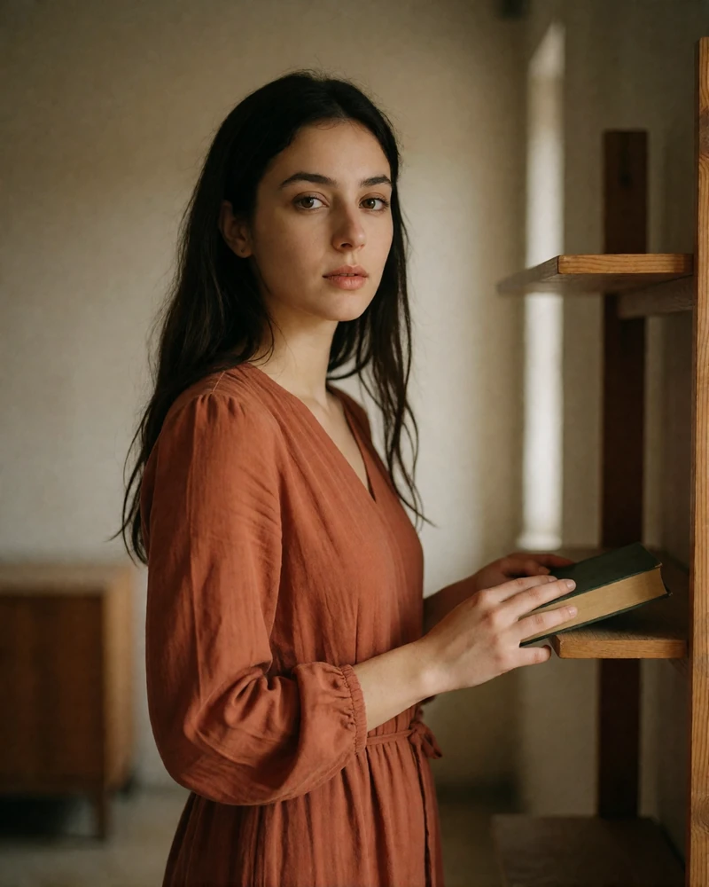 Afghan woman standing beside a wooden shelf holding a closed book against her.