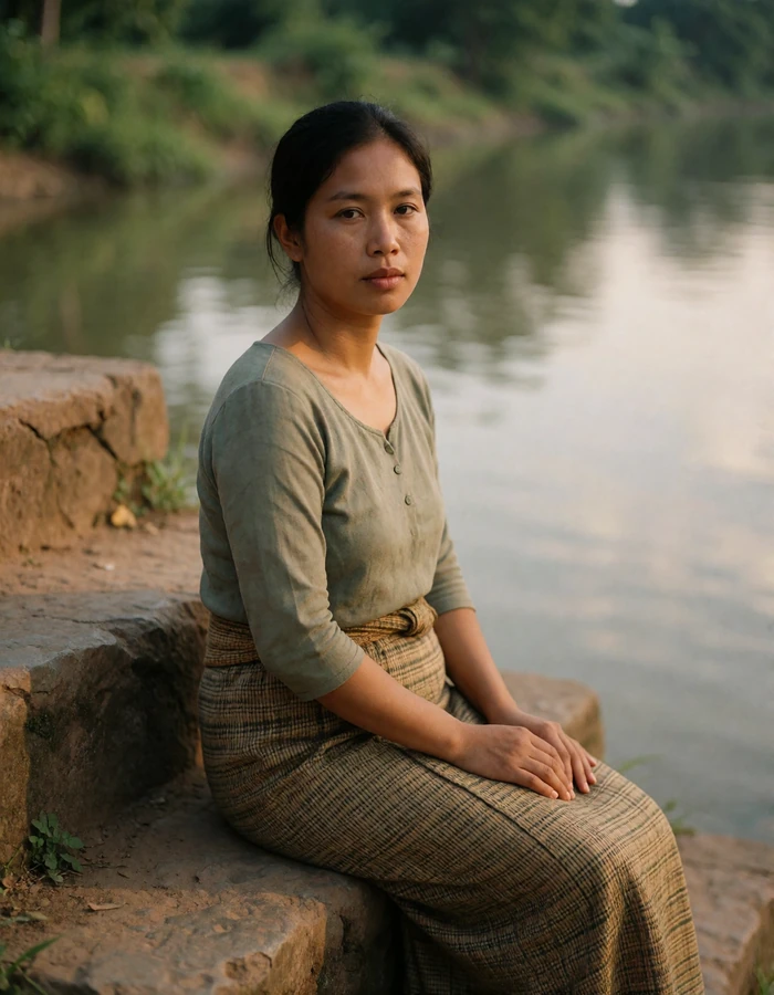 Lao woman in a woven sinh skirt seated on stone steps beside a slow river.