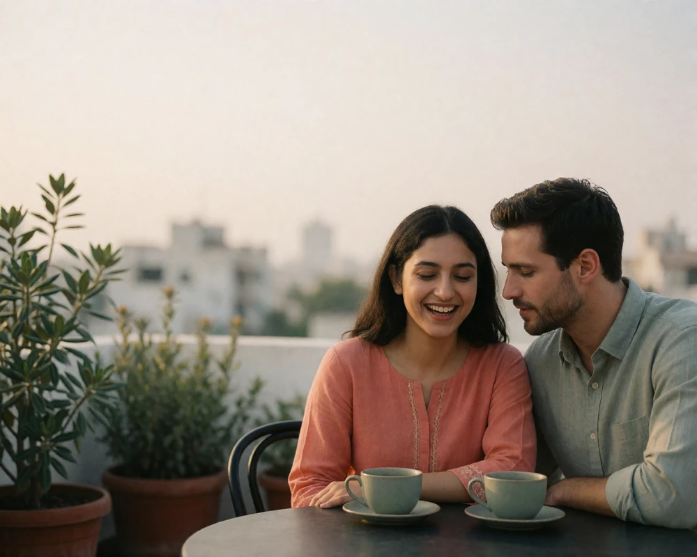 Couple seated at a rooftop terrace table in late afternoon light with two teacups between them.