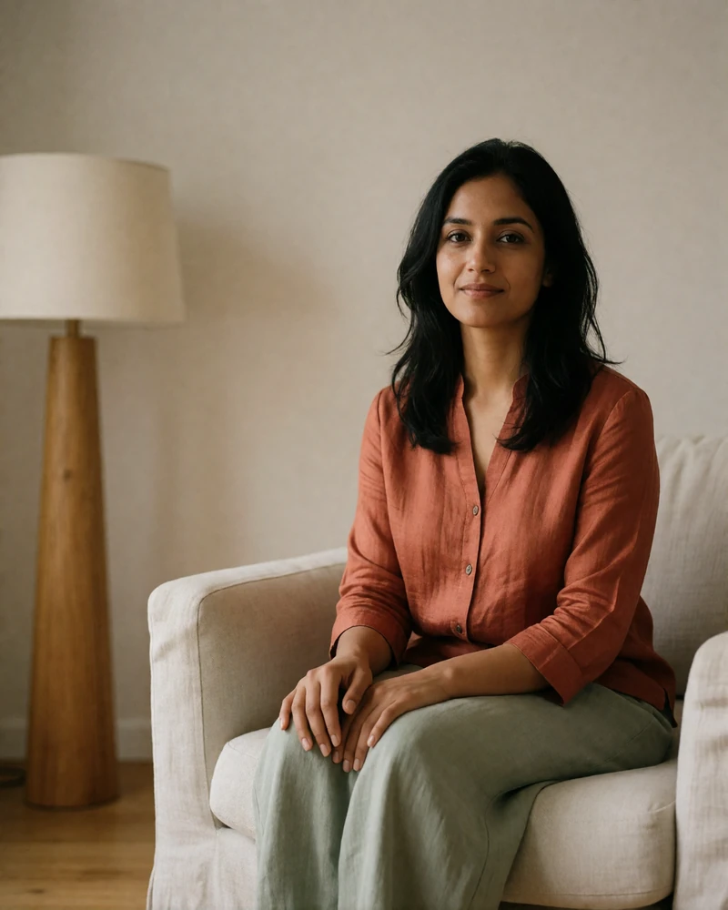 Indian woman in a terracotta silk blouse seated in a minimalist living room.