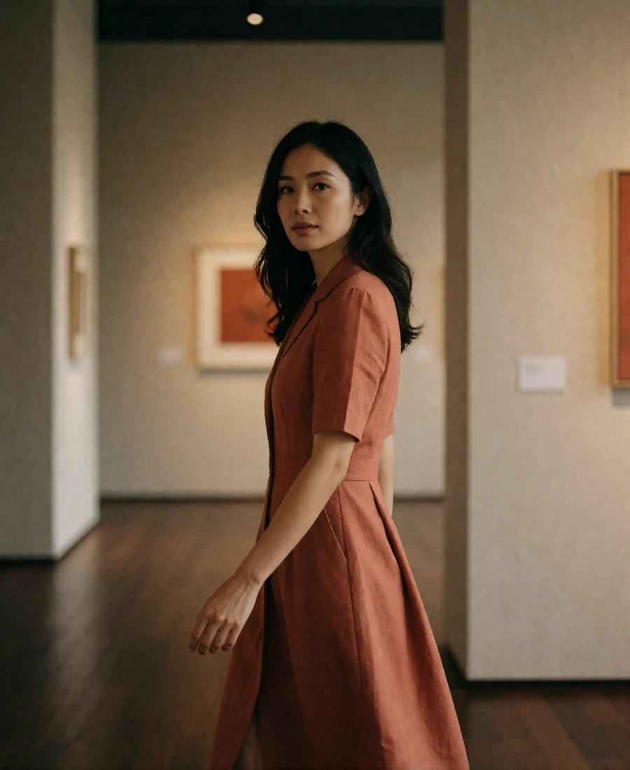 Singaporean woman in a terracotta dress walking through a minimalist gallery-style interior.