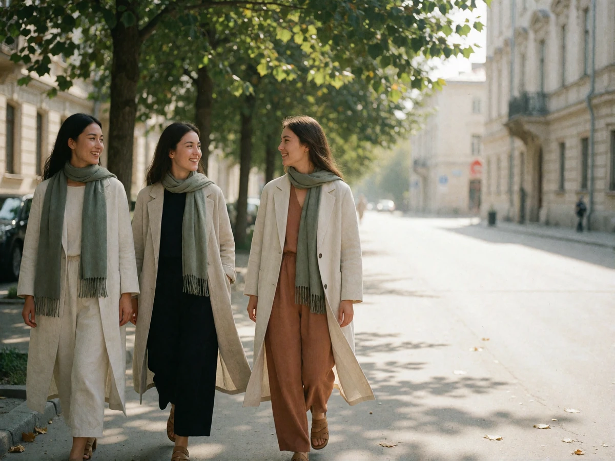 Three Kyrgyz women walking together along a tree-lined boulevard in central Bishkek.