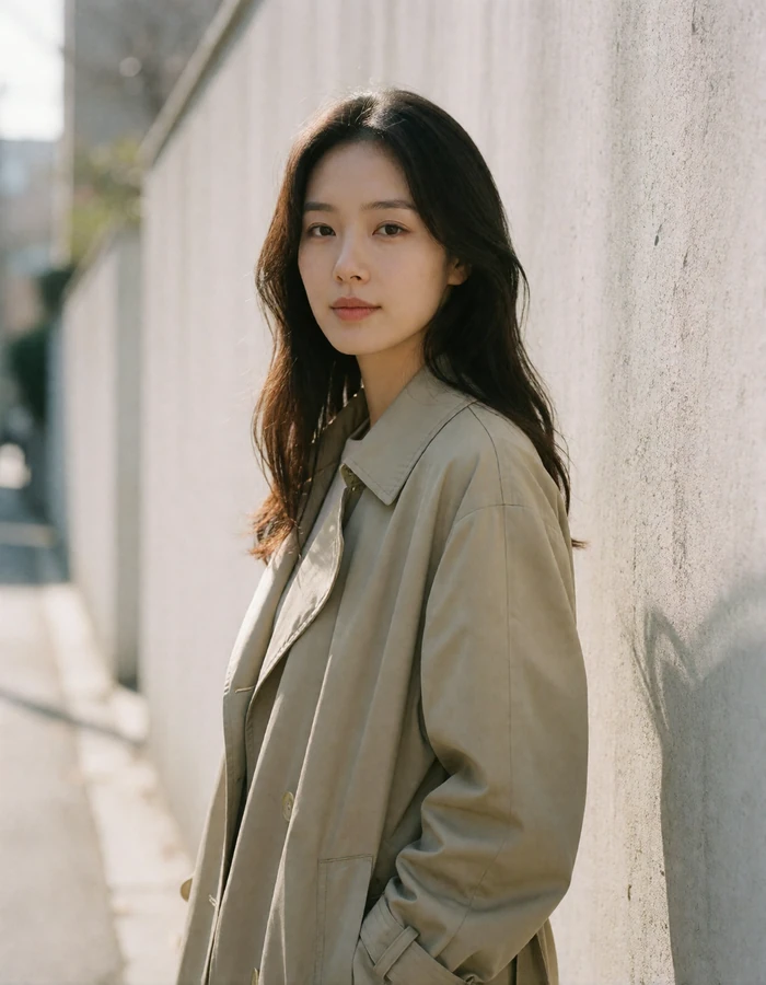 Korean woman in a beige trench coat standing against a pale concrete wall on a quiet city street.