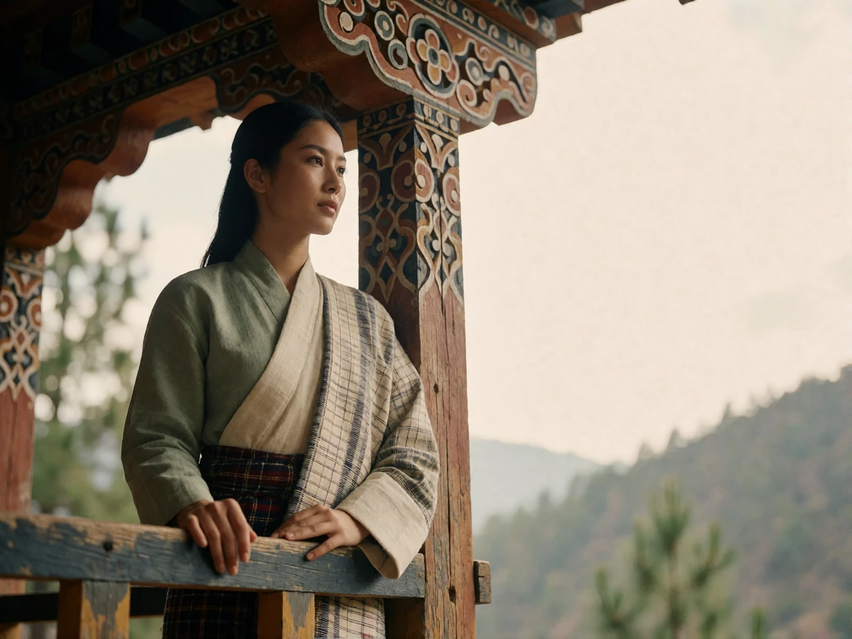 Bhutanese woman in a sage and cream kira standing on a carved wooden veranda overlooking pine ridges.